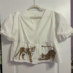 White Peplum Top with Sequin Tigers